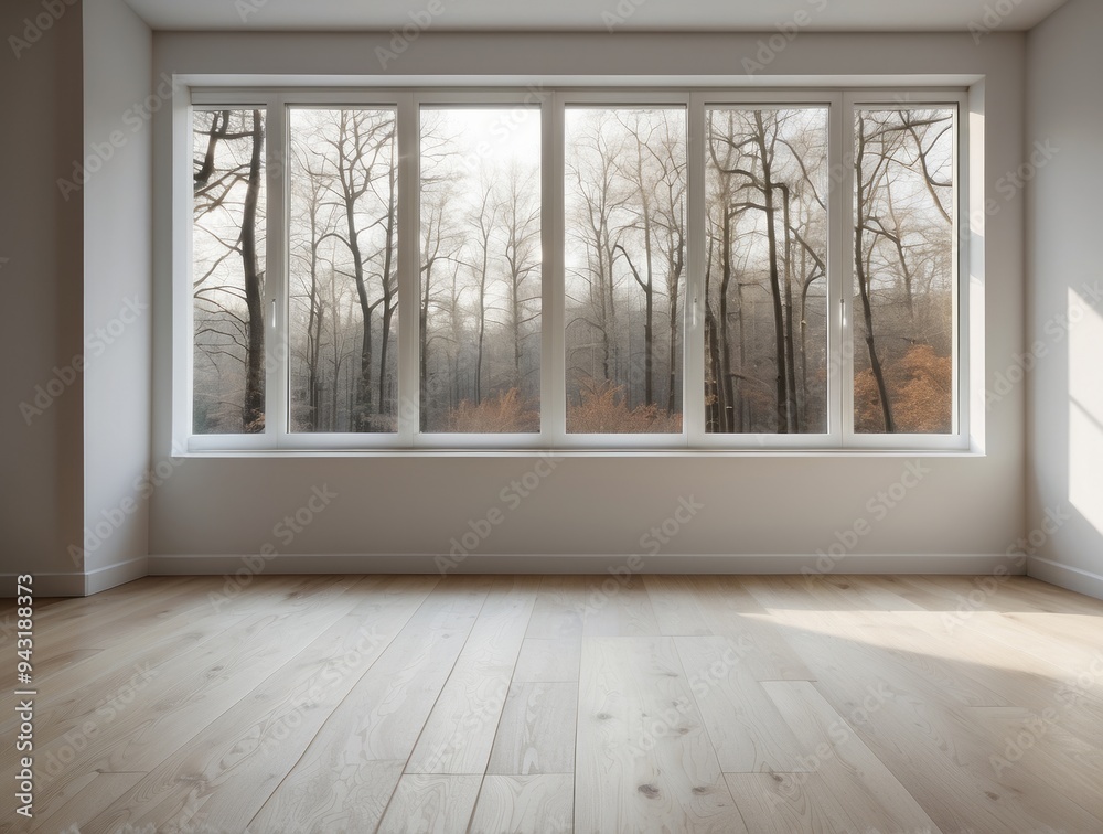 Fototapeta premium Empty Room with Large Window Showing a View of a Winter Forest