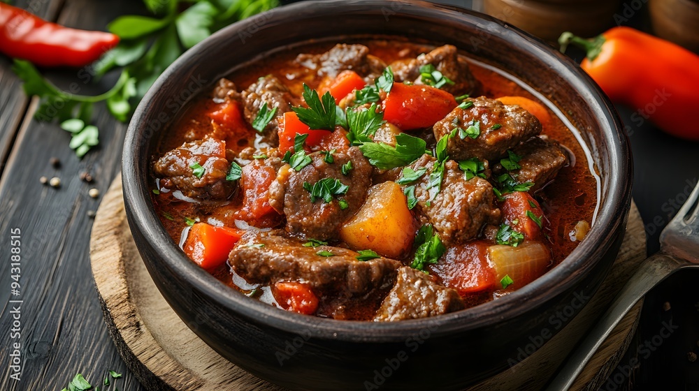 43. A bowl of Hungarian goulash with beef and paprika 43. A bowl of Hungarian goulash with beef and paprika