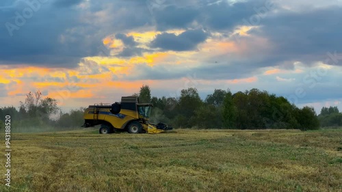 Harvesting. Agricultural industry.  The mower mechanism of the combine harvester cuts off spikelets of ripe wheat at sunset. Agricultural harvesting of grain in the evening. A combine harvester.