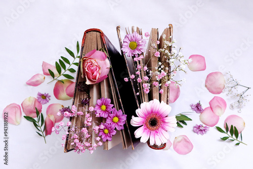 De magnifiques fleurs avec de vieux livres