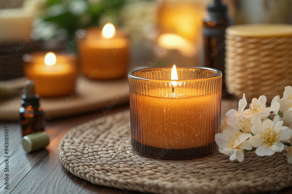Aromatherapy candles and essential oils in a serene setting 