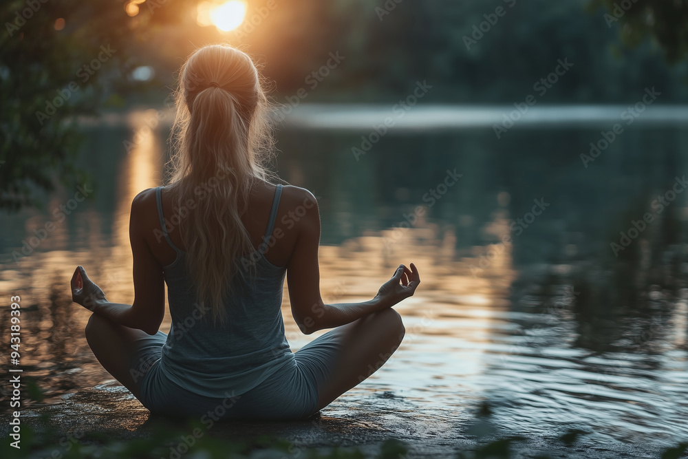 Breathing exercises and stretching in a calm, serene environment Breathing exercises and stretching in a calm, serene environment