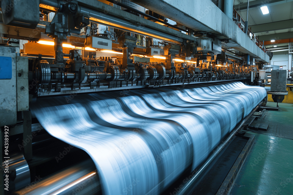 Fototapeta premium Newspaper printing press with fresh copies rolling off