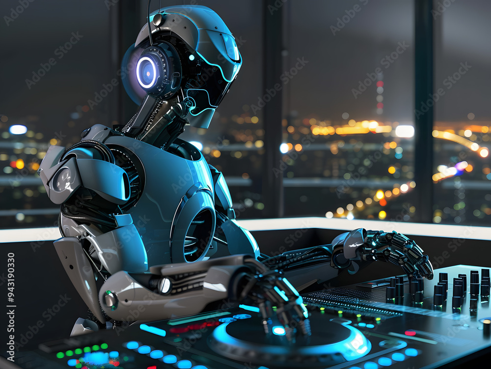 Fototapeta premium Friendly robot DJ at a party. Neural network AI generated art