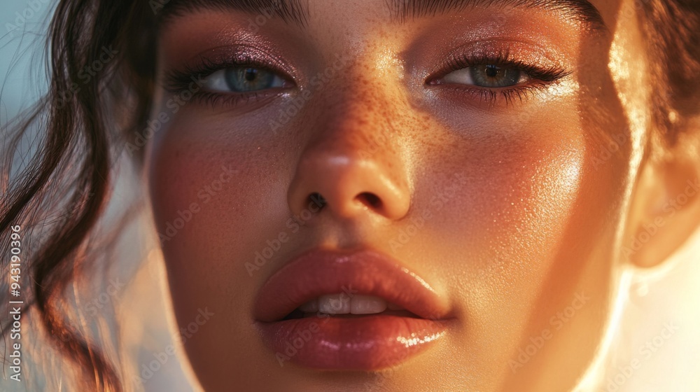 A woman with perfectly contoured cheeks and shimmering eyeshadow, her face clearly in focus against a blurred background. A woman with perfectly contoured cheeks and shimmering eyeshadow, her face clearly in focus against a blurred background.