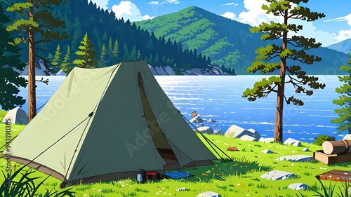 Wallpaper Mural camping in the mountains With Green Tree and blue sky background generative Ai  Torontodigital.ca