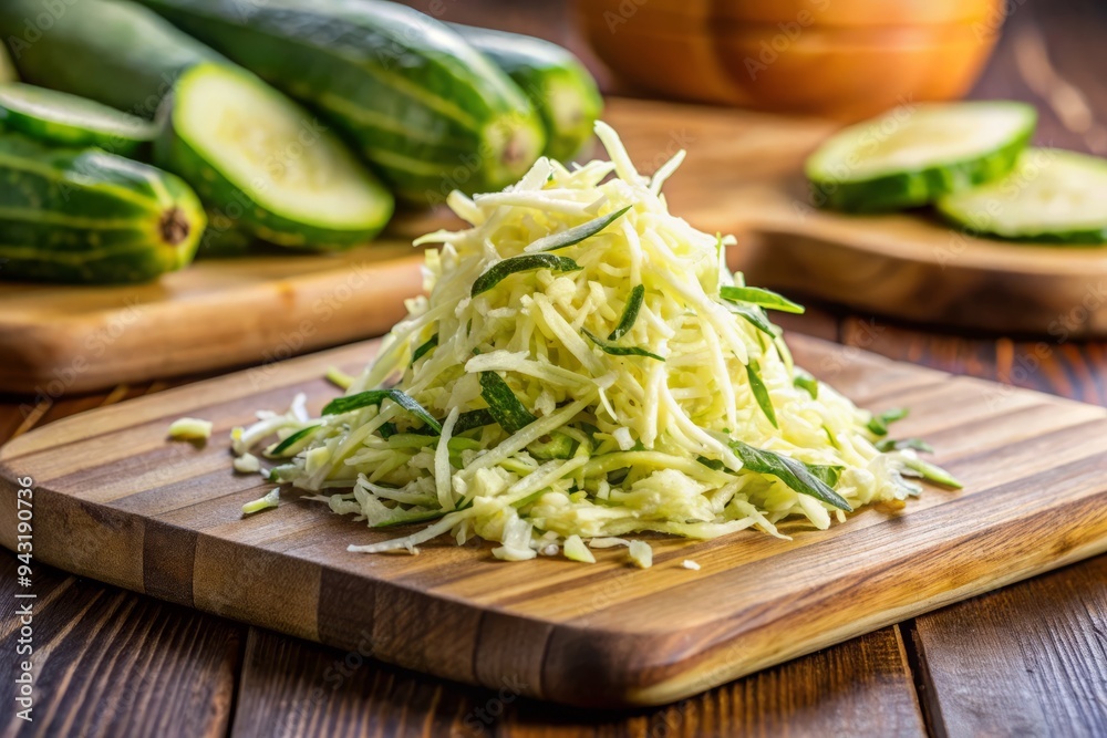 Fine, emerald strands of zucchini weave a tapestry across the weathered cutting board, each fiber slightly sticky to the touch, releasing a whisper of freshness. Fine, emerald strands of zucchini weave a tapestry across the weathered cutting board, each fiber slightly sticky to the touch, releasing a whisper of freshness.