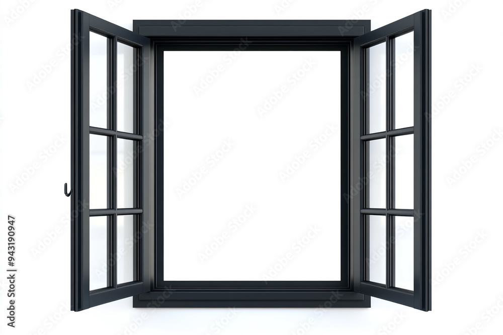 Black window frame with open windows, isolated on a white background ...