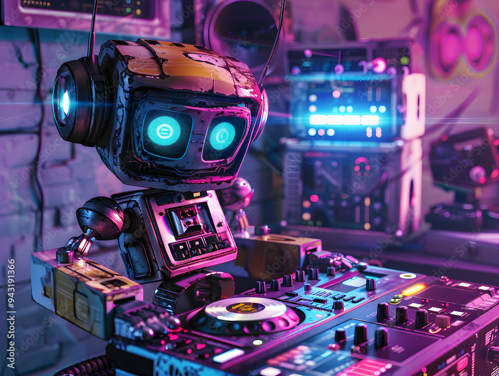 Friendly robot DJ at a party. Neural network AI generated art Friendly robot DJ at a party. Neural network AI generated art