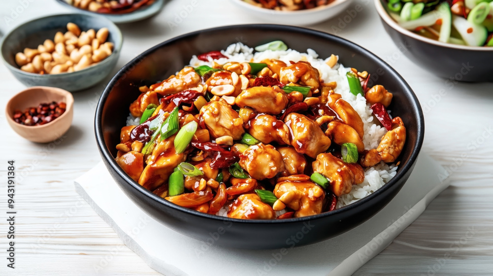 Traditional Chinese food Kung Pao Chicken. The dish features diced chicken, stir-fried with peanuts, red chilies, and green onions in a savory, slightly spicy sauce, served over white rice. Traditional Chinese food Kung Pao Chicken. The dish features diced chicken, stir-fried with peanuts, red chilies, and green onions in a savory, slightly spicy sauce, served over white rice.