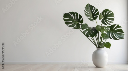 A White Vase with Monstera Deliciosa Plant Against a White Wall