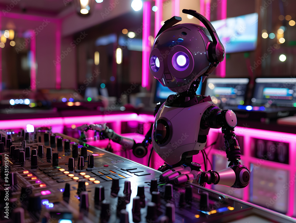 Friendly robot DJ at a party. Neural network AI generated art Friendly robot DJ at a party. Neural network AI generated art