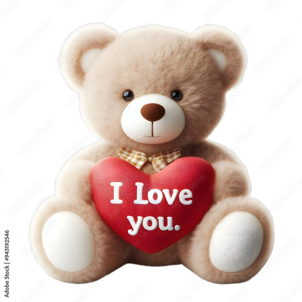 A teddy bear holding a red heart that says I Love You, on transparent background. A teddy bear holding a red heart that says I Love You, on transparent background.