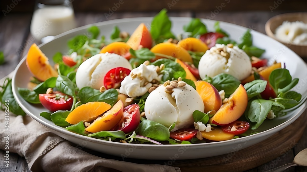 A salad for summer including ripe peaches and fresh burrata cheese. There are many various elements in the salad, such as lettuce, tomatoes, and oranges. A salad for summer including ripe peaches and fresh burrata cheese. There are many various elements in the salad, such as lettuce, tomatoes, and oranges.