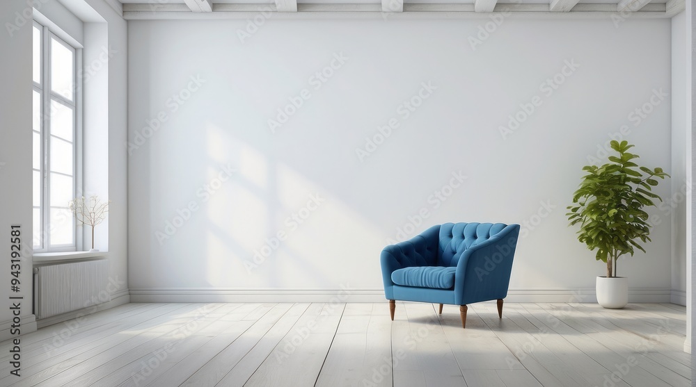 Fototapeta premium Blue Armchair in a Minimalist White Room with Sunlight