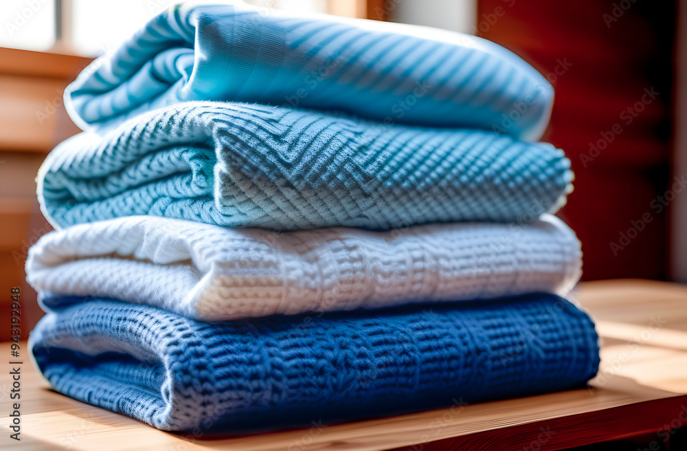 a stack of knitted folded blankets lies on a wooden table near the window, close-up, sunny a stack of knitted folded blankets lies on a wooden table near the window, close-up, sunny