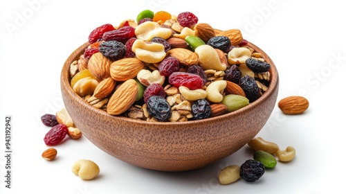 A vibrant bowl of nutritious mixed nuts and dried fruits, perfect for snacking or adding to recipes.