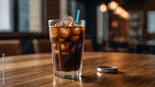 A tall glass filled with ice cubes holds an iced Americano, which is coffee served cold without any milk.