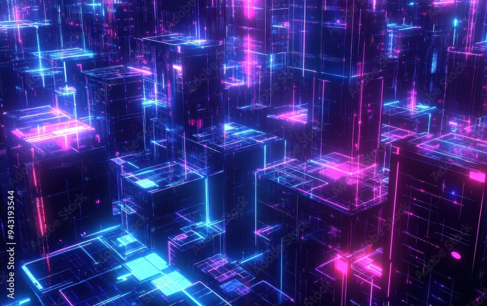 Obraz premium Abstract Neon Cityscape Futuristic 3D Render with Blue and Pink Glowing Lines