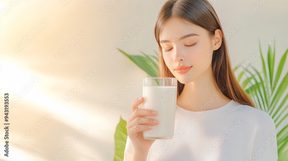 Refreshing Moment: Enjoying Kefir in a Bright Sunlit Kitchen with Fresh Ingredients Refreshing Moment: Enjoying Kefir in a Bright Sunlit Kitchen with Fresh Ingredients