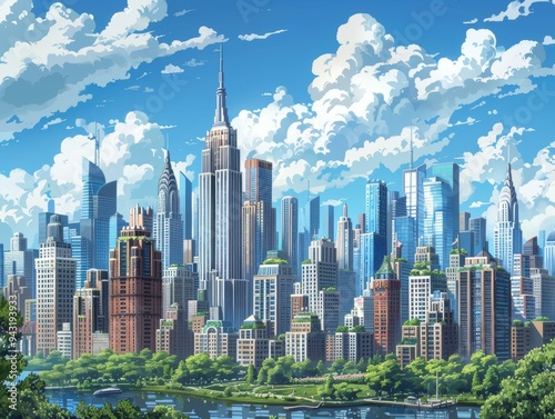 A stunning cityscape of towering skyscrapers against a vibrant blue sky adorned with fluffy white clouds, ideal for promoting real estate, urban development