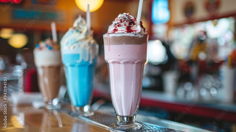 Trio of Whipped Cream Topped Milkshakes in Diner Setting Trio of Whipped Cream Topped Milkshakes in Diner Setting
