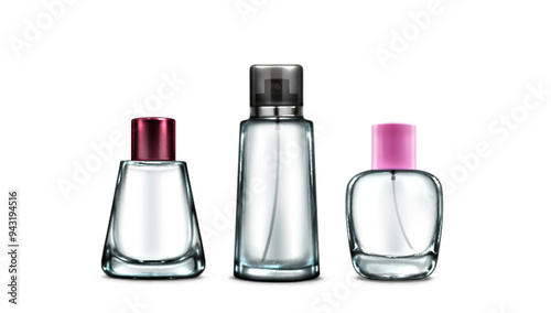 Glass bottle mockup with spray cap for fragrance and perfume branding. Realistic 3d vector illustration set of transparent cosmetic product container. Package flask template for perfumery products.