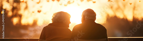 Elderly couple enjoying a beautiful sunset together, showcasing love, companionship, and the golden years of life. photo