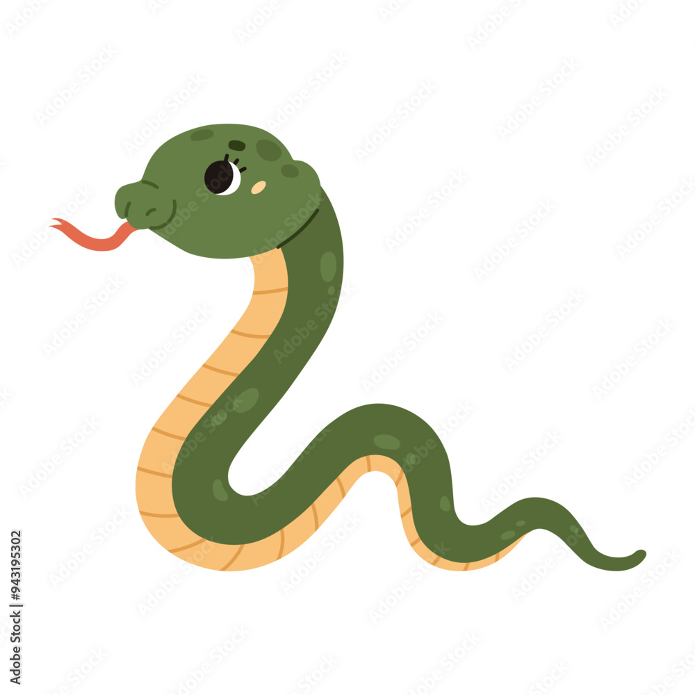 Cute funny snake with big eyes and cheeks. A satisfied green reptile with a yellow striped belly crawls. Kawaii character. Wild animal. Cartoon style. Vector illustration isolated on white background. Cute funny snake with big eyes and cheeks. A satisfied green reptile with a yellow striped belly crawls. Kawaii character. Wild animal. Cartoon style. Vector illustration isolated on white background.