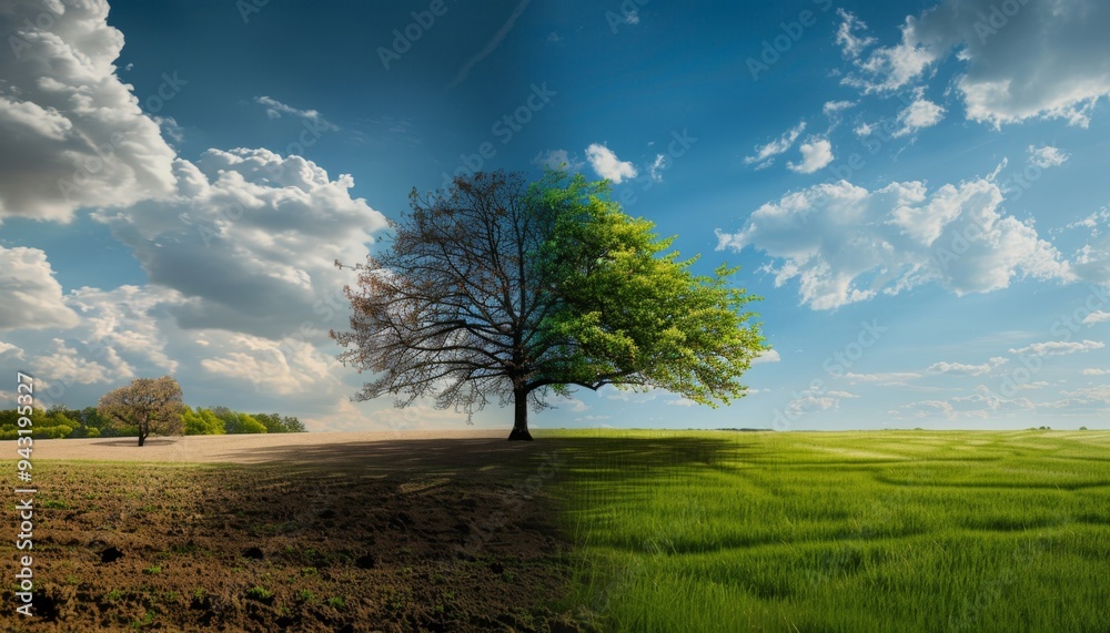 Obraz premium Climate Change Concept with Half Dead Tree and Lush Greenery
