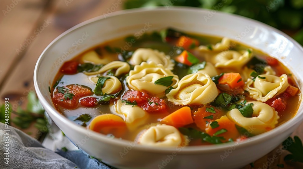 Hearty Vegetable Tortellini Soup in White Bowl. Veggie Tortellini Soup Hearty Vegetable Tortellini Soup in White Bowl. Veggie Tortellini Soup