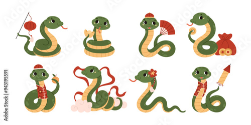 Happy Chinese New Year 2025. Set of cute green snakes with coins, paper lantern, fireworks, tangerine. Zodiac animal. Cartoon style. Kawaii characters. Vector illustration isolated on white background