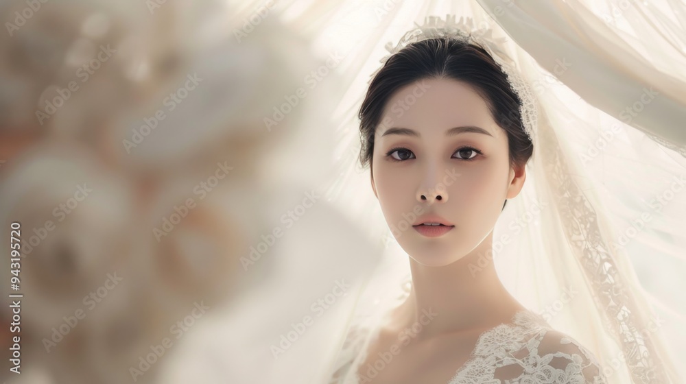 Serene Asian Bride Portrait in Elegant Bridal Veil Serene Asian Bride Portrait in Elegant Bridal Veil