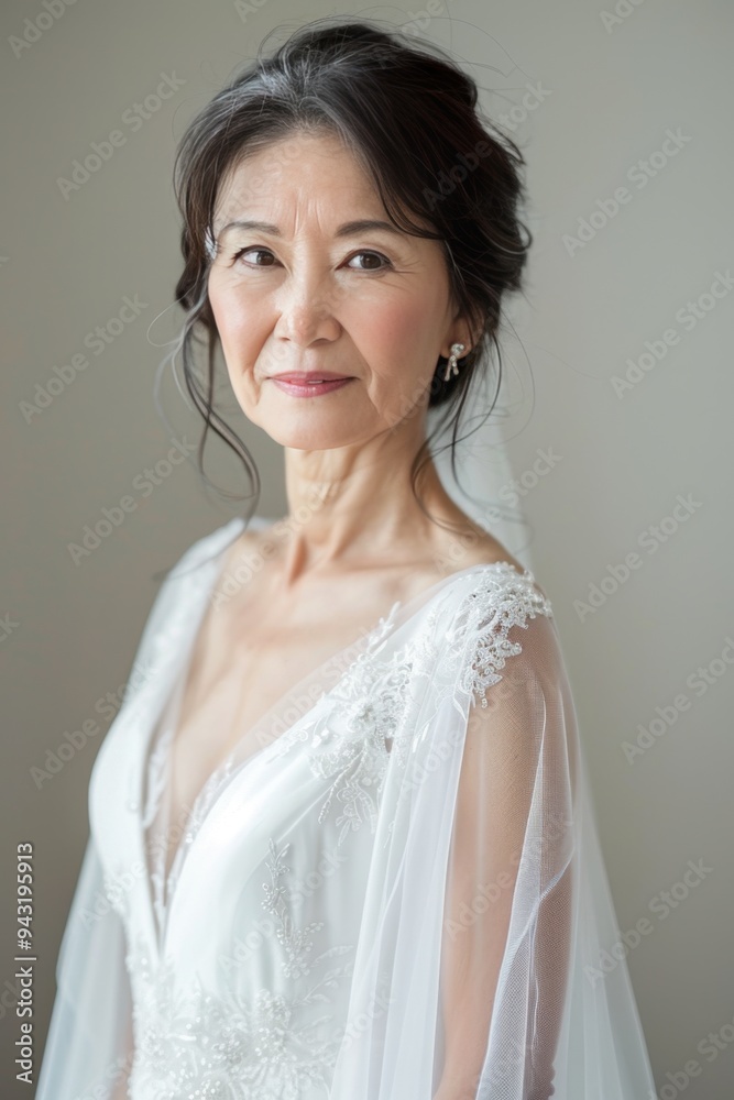 Elegant Senior Asian Woman in White Dress Smiling Gracefully Elegant Senior Asian Woman in White Dress Smiling Gracefully