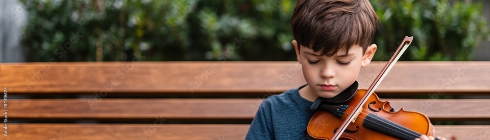 Fototapeta premium young boy concentrating on playing violin on a wooden bench in a park, artistic music education, talent and passion for classical music, child musician, creative hobbies, outdoor music performance, i