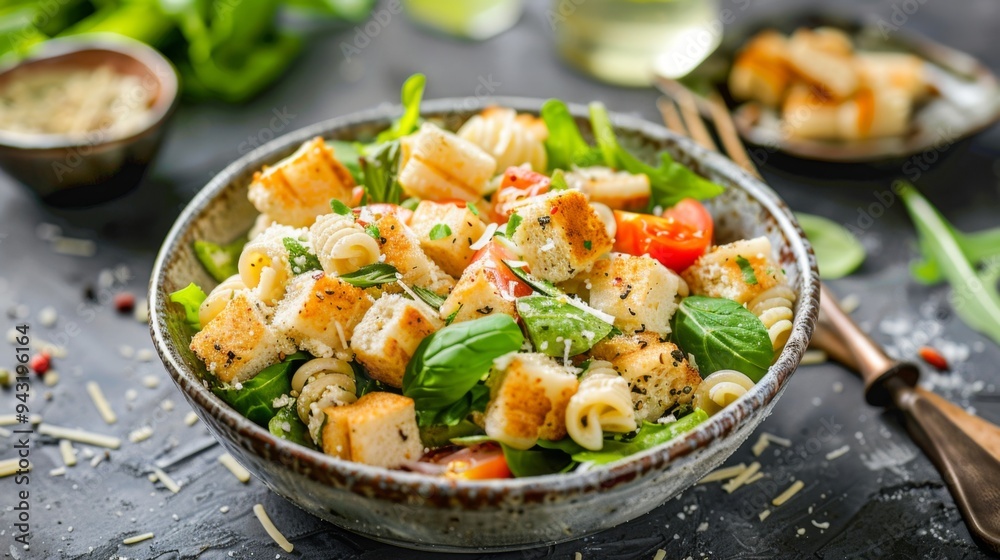 Fresh Garden Salad with Croutons and Parmesan. Caesar Pasta Salad Fresh Garden Salad with Croutons and Parmesan. Caesar Pasta Salad