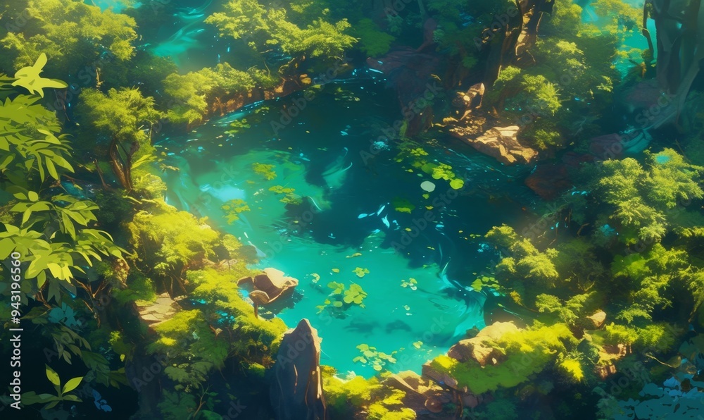 Naklejka premium Enchanted Forest Game Board: Top-View Fantasy Landscape with Floating Islands. Abstract Anime-Style Concept Art for Video Games, Book Illustrations, and Marketing Campaigns. Minimalist Digital Paintin