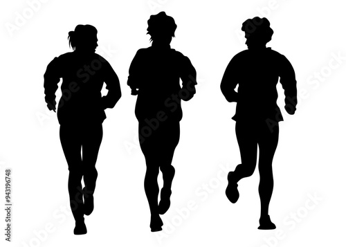 Young athletes run a marathon. Isolated silhouettes on white background