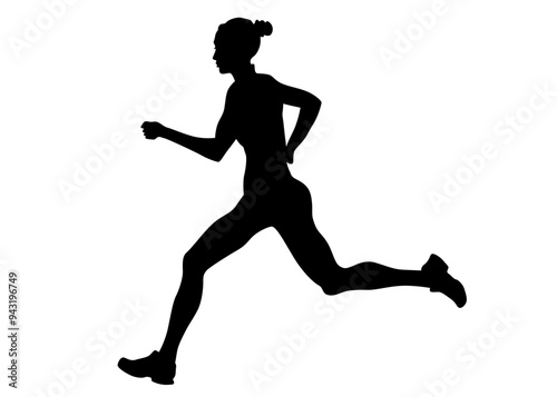Young athletes run a marathon. Isolated silhouettes on white background