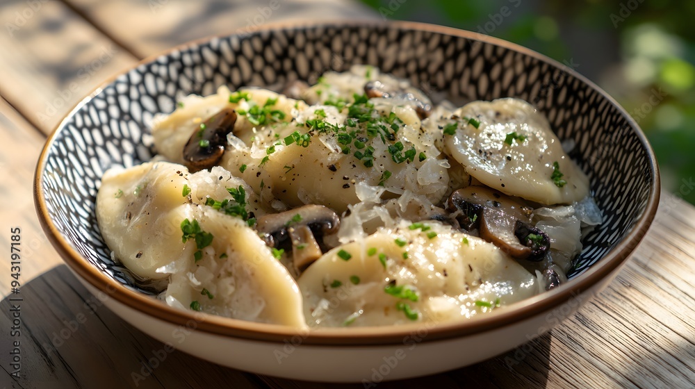 33. A bowl of Polish pierogi with sauerkraut and mushrooms 33. A bowl of Polish pierogi with sauerkraut and mushrooms