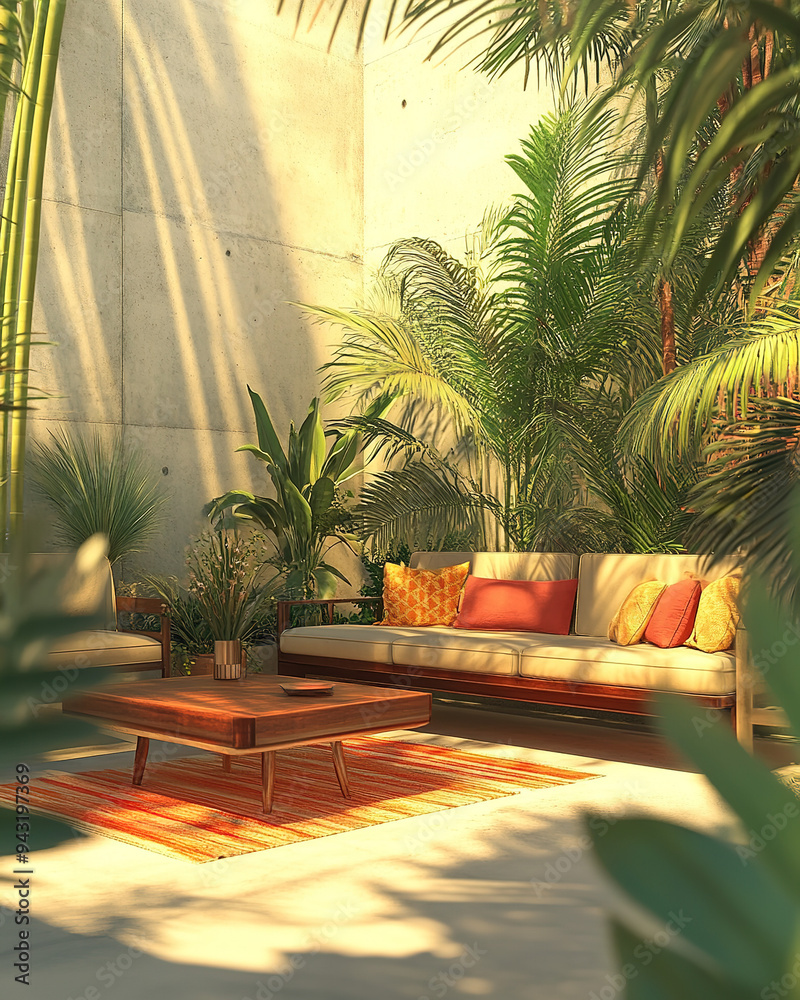 Fototapeta premium Stylish Modern Living Room with Sofa, Armchair, Coffee Table, and Wooden Accents, Featuring Neutral Tones and Boho Decor with Concrete Wall and Natural Light.