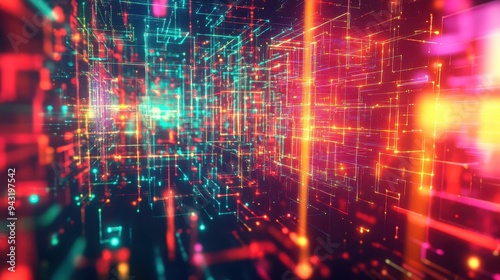 Wallpaper Mural Abstract Digital Network with Glowing Lines and Points in Red, Green, and Yellow Colors. Torontodigital.ca