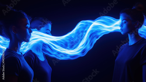 Futuristic concept of telepathic communication with blue energy waves connecting two women