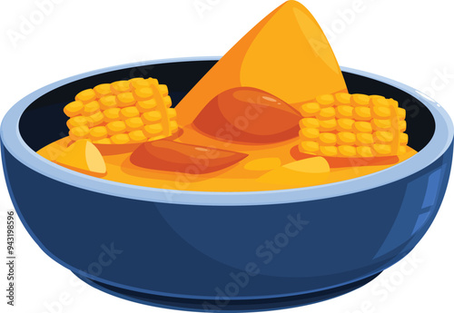 Colombian ajiaco soup served in a bowl with chicken, corn on the cob, avocado and potatoes