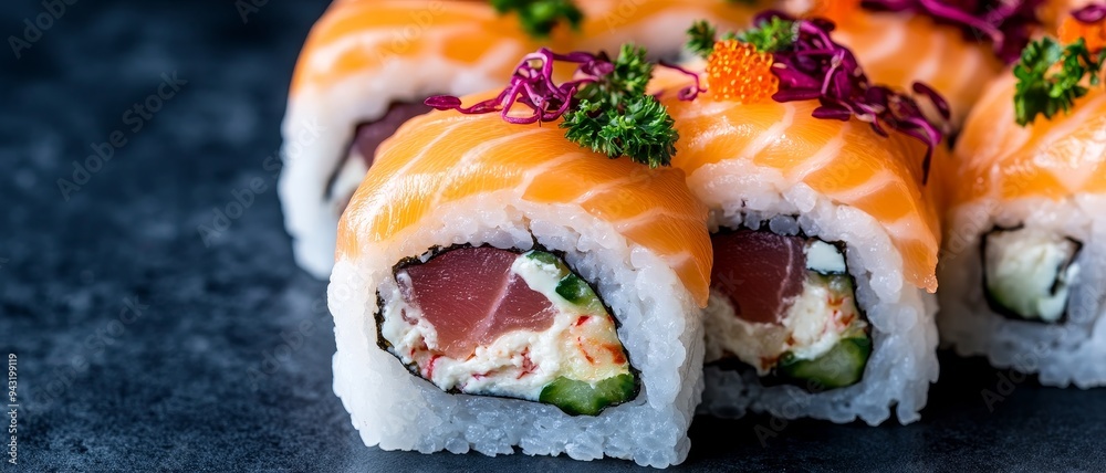 delicious salmon and cream cheese sushi rolls with red cabbage and parsley garnish on black slate plate - japanese cuisine and food photography delicious salmon and cream cheese sushi rolls with red cabbage and parsley garnish on black slate plate - japanese cuisine and food photography