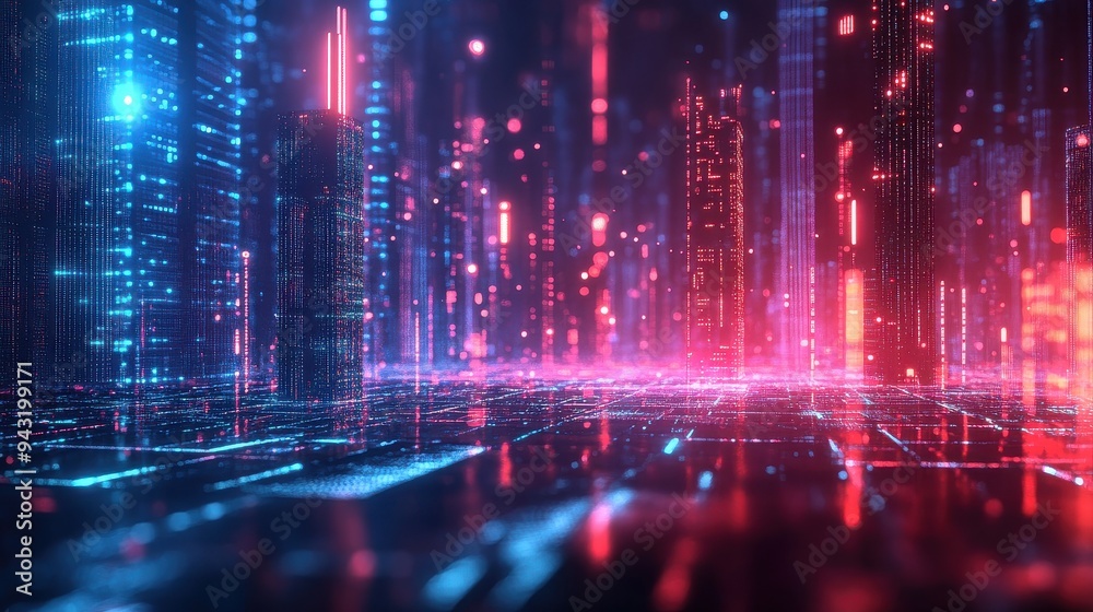 AI urban landscape, digital networks, futuristic technology, neon holograms. AI urban landscape, digital networks, futuristic technology, neon holograms.