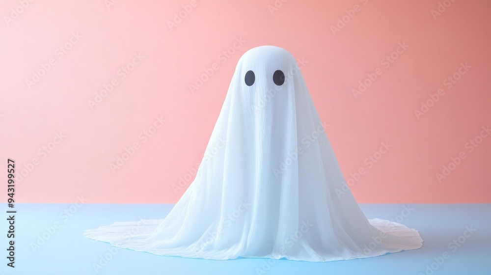 A white ghost is standing in front of a pink background A white ghost is standing in front of a pink background