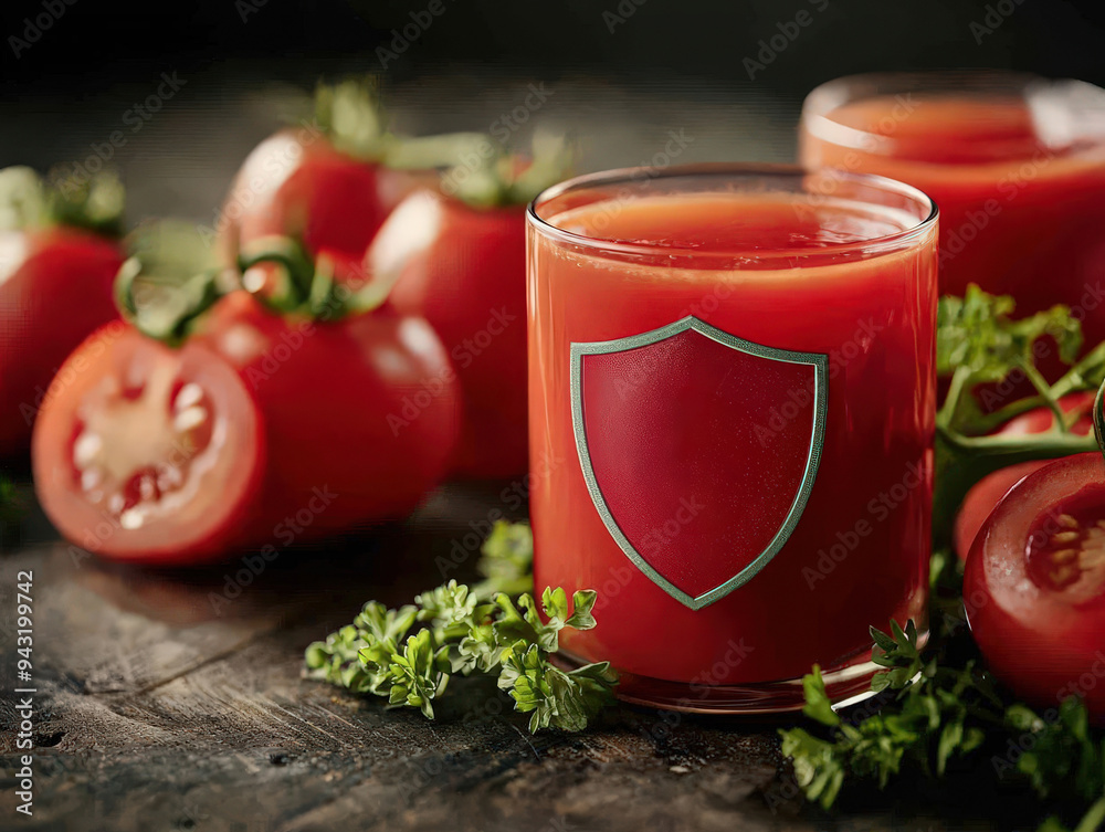 Fresh tomato juice in a glass, surrounded by ripe tomatoes and green parsley on a rustic wooden surface. Fresh tomato juice in a glass, surrounded by ripe tomatoes and green parsley on a rustic wooden surface.