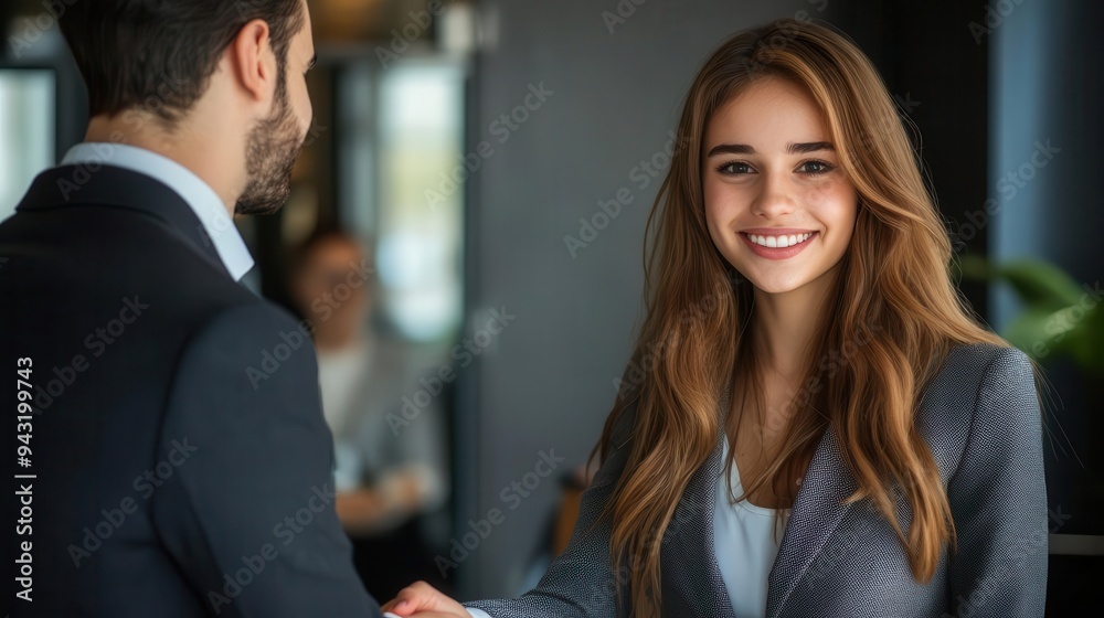 Smiling businesswoman shaking hands with a colleague in a meeting.