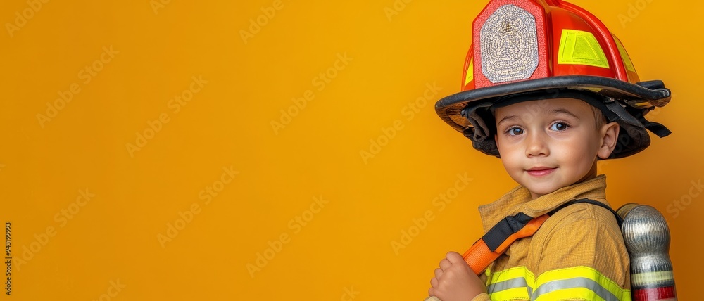 young firefighter boy in uniform with firefighter helmet and hose on yellow background - safety, courage, and bravery concept young firefighter boy in uniform with firefighter helmet and hose on yellow background - safety, courage, and bravery concept